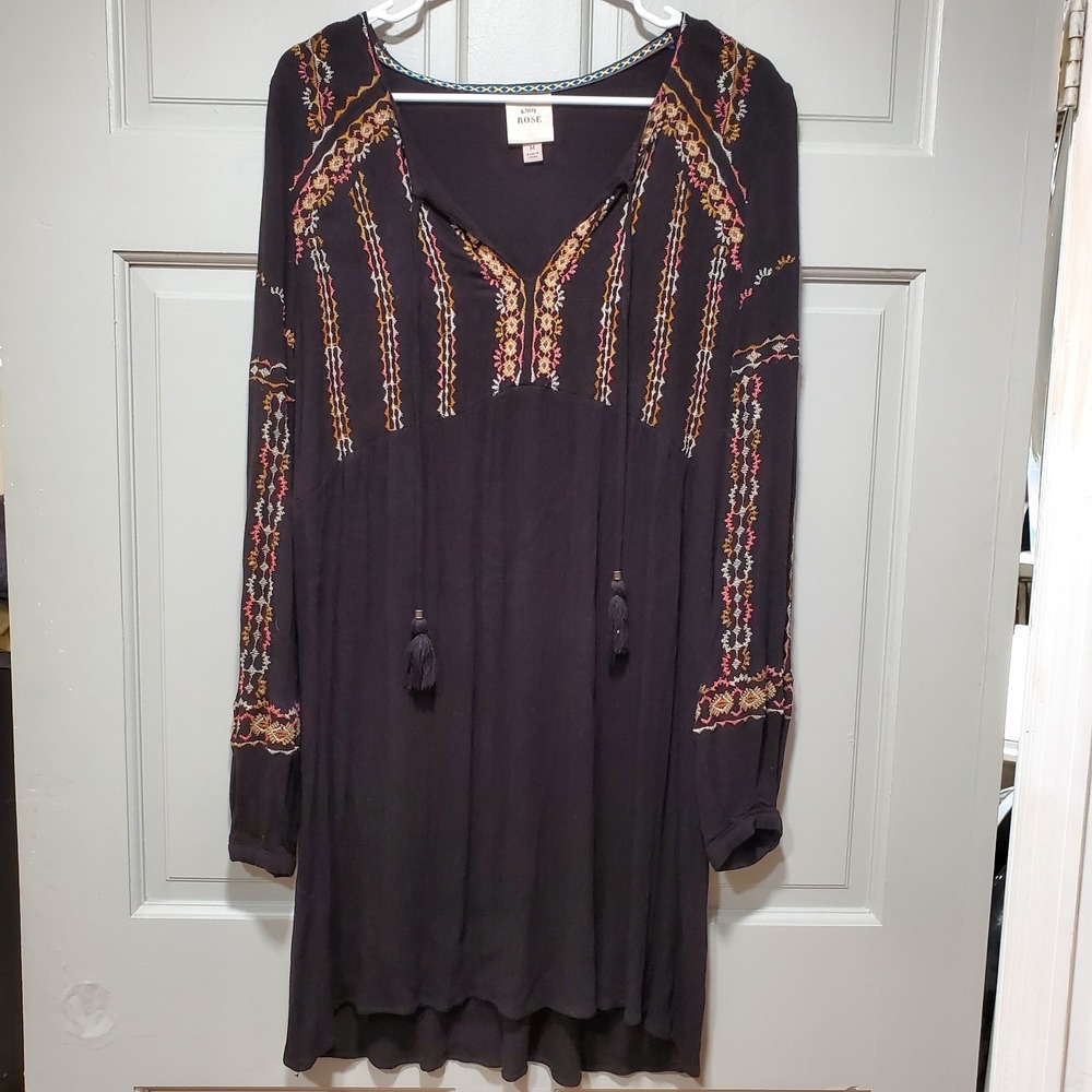 Knox Rose Women M Dress Black Embroidered Boho Tunic with Tassel Tie Relaxed Fit